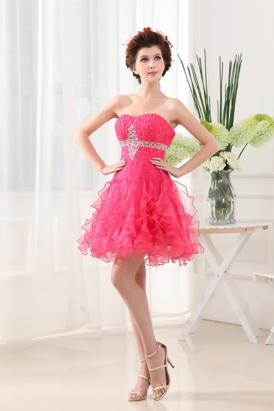 Beading A-Line Sleeveless Short/Mini Satin Organza Prom/Formal Evening Dresses 02021042