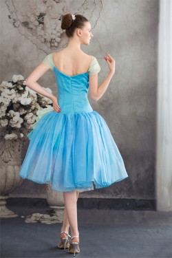 Beading Satin Organza V-Neck A-Line Tea Length Prom/Formal Evening Dresses 02021047