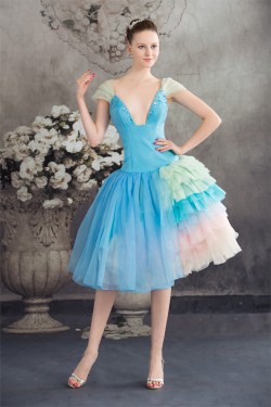Beading Satin Organza V-Neck A-Line Tea Length Prom/Formal Evening Dresses 02021047