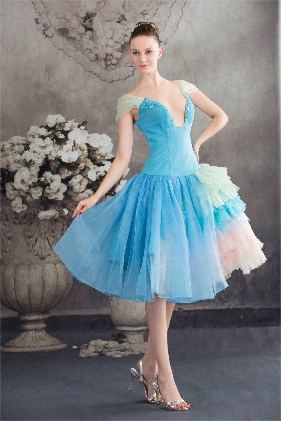 Beading Satin Organza V-Neck A-Line Tea Length Prom/Formal Evening Dresses 02021047