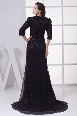 Brush Sweep Train 3/4 Length A-Line Criss Cross Long Black Sequins Prom/Formal Evening Dresses 02020105