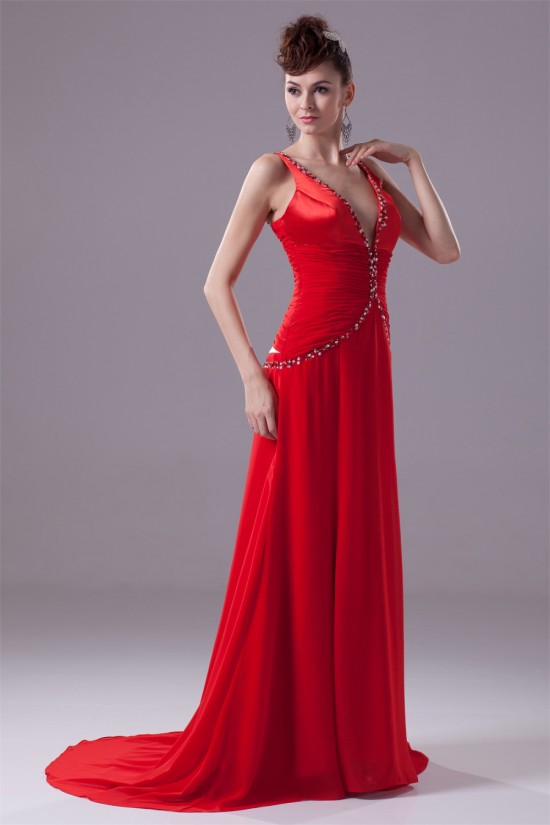 Brush Sweep Train A-Line Beading Deep V-Neck Long Red Prom/Formal Evening Dresses 02020106 Brush Sweep Train A-Line Beading Deep V-Neck Long Red Prom/Formal Evening Dresses 02020106