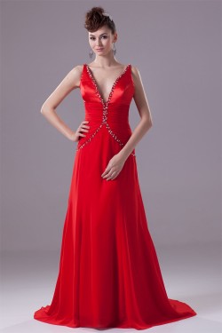 Brush Sweep Train A-Line Beading Deep V-Neck Long Red Prom/Formal Evening Dresses 02020106