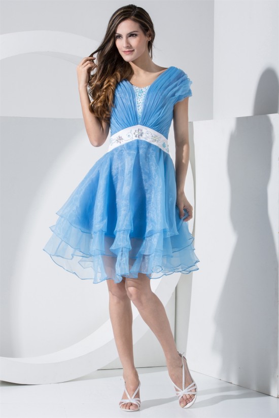 Capped Sleeves Beading A-Line Satin Organza Prom/Formal Evening Dresses 02021064
