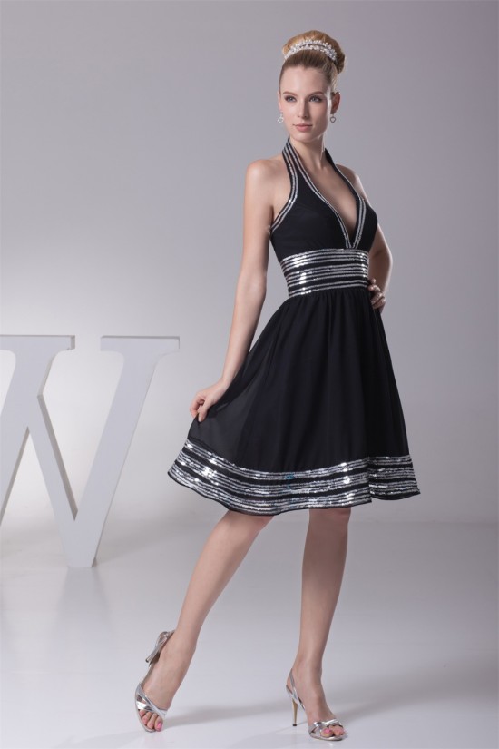 A-Line Halter Sequin Short Black Knee-Length Prom/Formal Evening Dresses 02021072 A-Line Halter Sequin Short Black Knee-Length Prom/Formal Evening Dresses 02021072