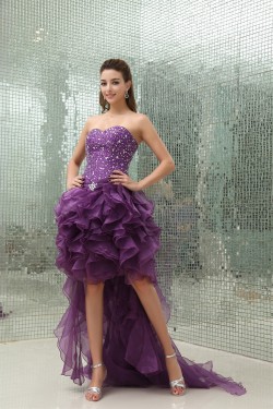 High Low Beading Satin Organza Sleeveless A-Line Homecoming Cocktail Party Dresses 02021078