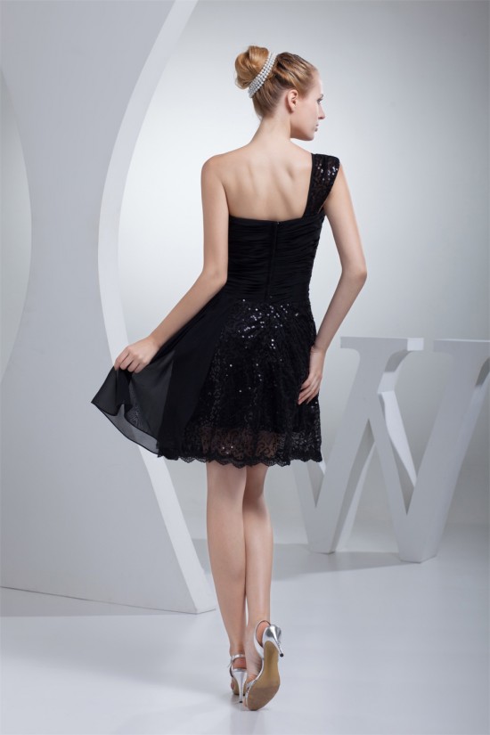A-Line Short/Mini One-Shoulder Sleeveless Sequins Black Dresses 02021097 A-Line Short/Mini One-Shoulder Sleeveless Sequins Black Dresses 02021097