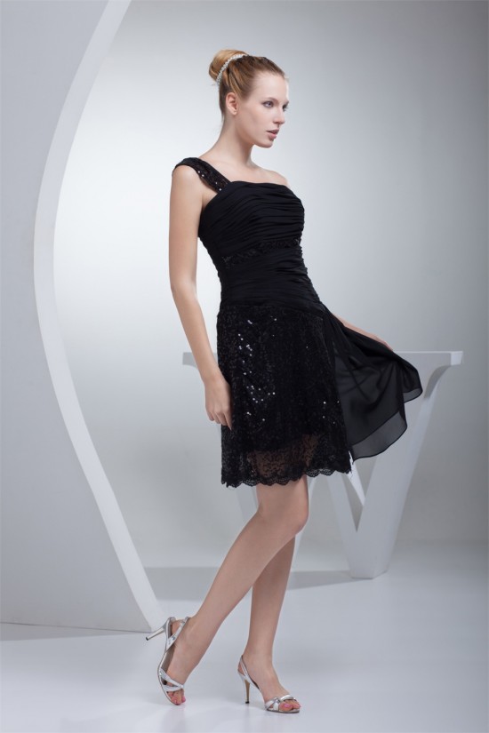 A-Line Short/Mini One-Shoulder Sleeveless Sequins Black Dresses 02021097 A-Line Short/Mini One-Shoulder Sleeveless Sequins Black Dresses 02021097