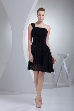 A-Line Short/Mini One-Shoulder Sleeveless Sequins Black Dresses 02021097