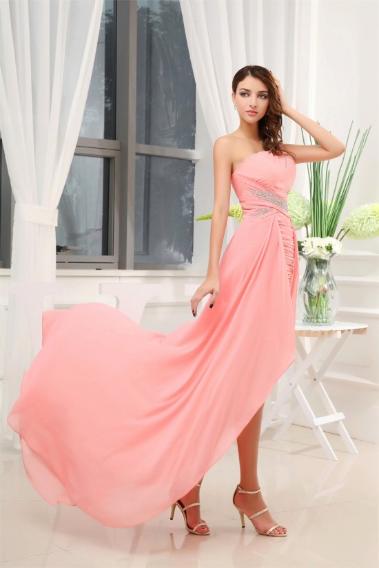 One-Shoulder Beading Puddle Train Satin Chiffon Prom/Formal Evening Dresses 02021099