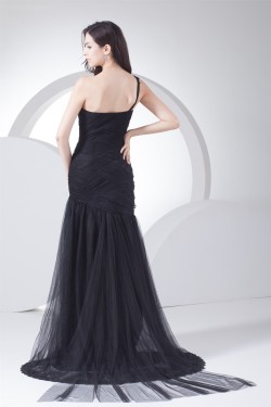 Brush Sweep Train Beading Mermaid/Trumpet One-Shoulder Long Black Prom/Formal Evening Dresses 02020110
