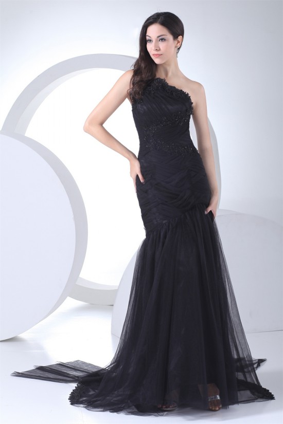 Brush Sweep Train Beading Mermaid/Trumpet One-Shoulder Long Black Prom/Formal Evening Dresses 02020110 Brush Sweep Train Beading Mermaid/Trumpet One-Shoulder Long Black Prom/Formal Evening Dresses 02020110