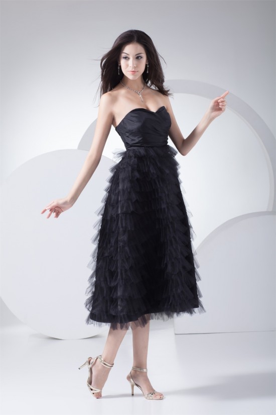 Pleats Taffeta Netting Tea Length Sleeveless Prom/Formal Evening Dresses 02021106