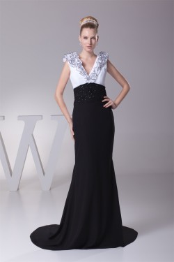 Trumpet/Mermaid Brush Sweep Train Chiffon Black White Long Prom/Formal Evening Dresses 02020112