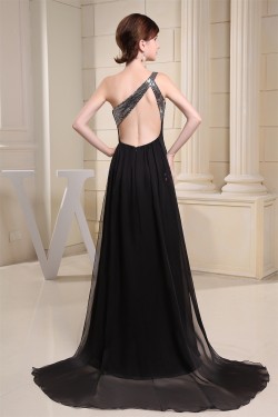 Brush Sweep Train One-Shoulder A-Line Chiffon Sequins Long Black Prom/Formal Evening Dresses 02020114