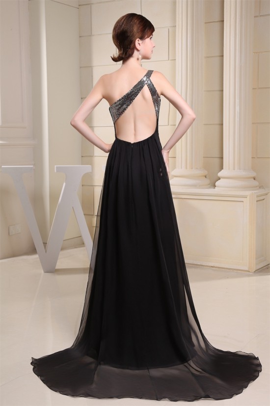 Brush Sweep Train One-Shoulder A-Line Chiffon Sequins Long Black Prom/Formal Evening Dresses 02020114 Brush Sweep Train One-Shoulder A-Line Chiffon Sequins Long Black Prom/Formal Evening Dresses 02020114