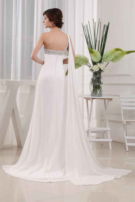 Brush Sweep Train One-Shoulder A-Line Long White Prom/Formal Evening Dresses 02020115 Brush Sweep Train One-Shoulder A-Line Long White Prom/Formal Evening Dresses 02020115