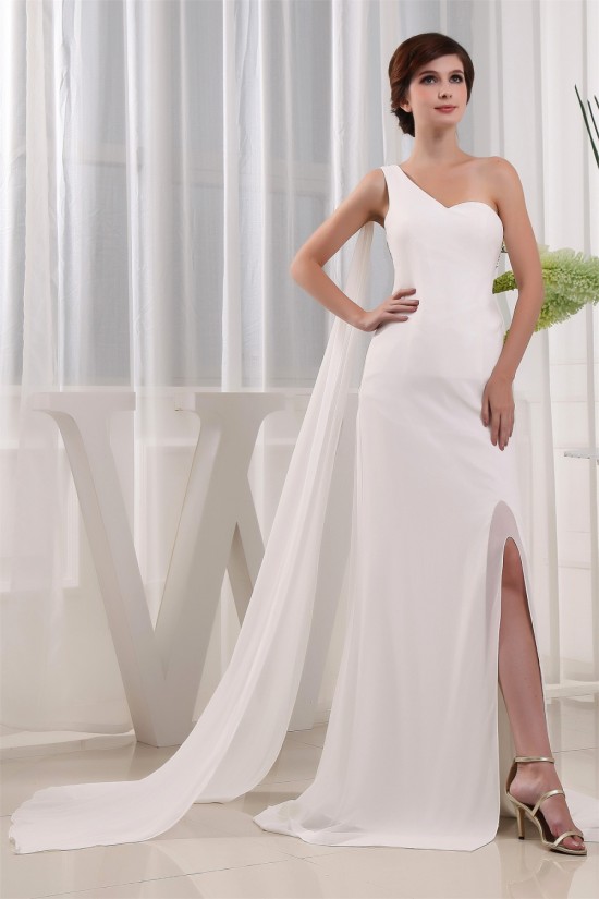 Brush Sweep Train One-Shoulder A-Line Long White Prom/Formal Evening Dresses 02020115 Brush Sweep Train One-Shoulder A-Line Long White Prom/Formal Evening Dresses 02020115