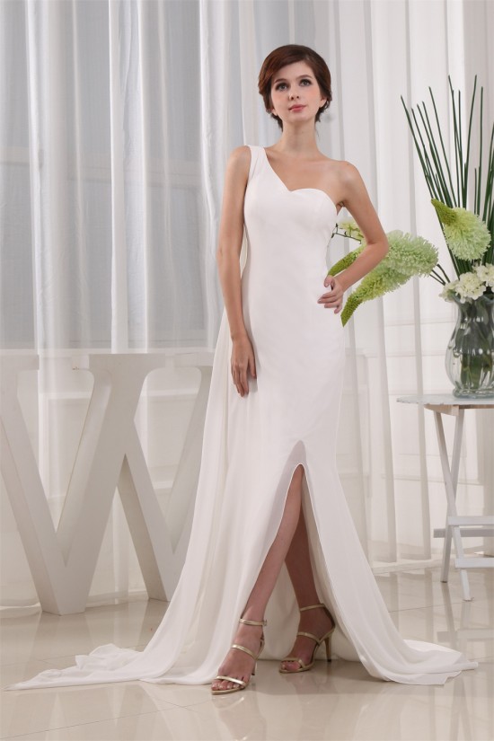 Brush Sweep Train One-Shoulder A-Line Long White Prom/Formal Evening Dresses 02020115 Brush Sweep Train One-Shoulder A-Line Long White Prom/Formal Evening Dresses 02020115