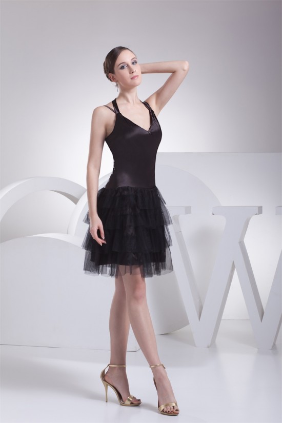 Sleeveless Halter Cascading Ruffles Knee-Length Little Black Dresses 02021209