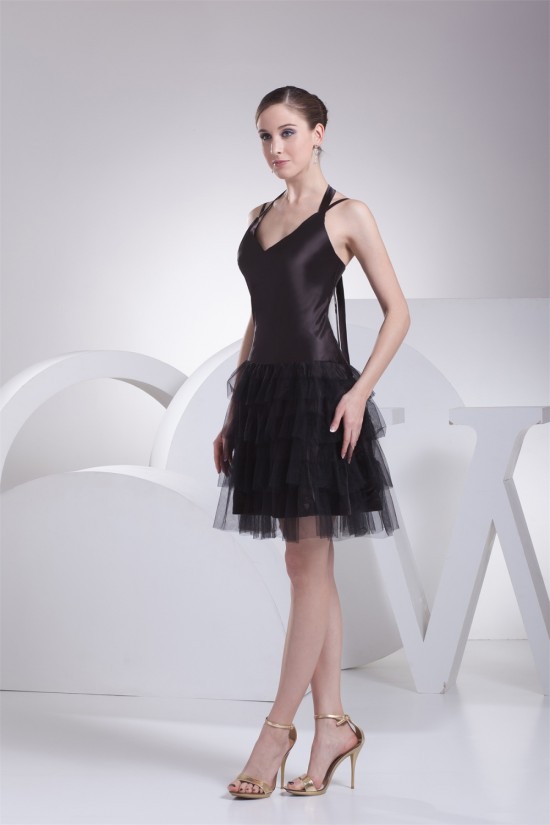 Sleeveless Halter Cascading Ruffles Knee-Length Little Black Dresses 02021209