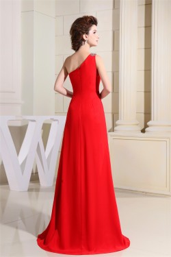 A-Line Brush Sweep Train One-Shoulder Long Red Prom Evening Bridesmaid Dresses 02020122