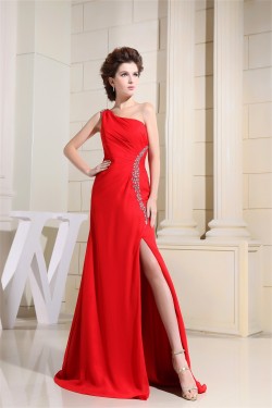 A-Line Brush Sweep Train One-Shoulder Long Red Prom Evening Bridesmaid Dresses 02020122
