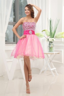 Sleeveless Soft Sweetheart A-Line Taffeta Silk like Satin Fine Netting Homecoming Dresses 02021231