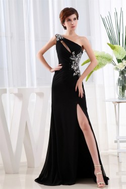 Brush Sweep Train Sleeveless One-Shoulder Long Black Prom/Formal Evening Dresses 02020124