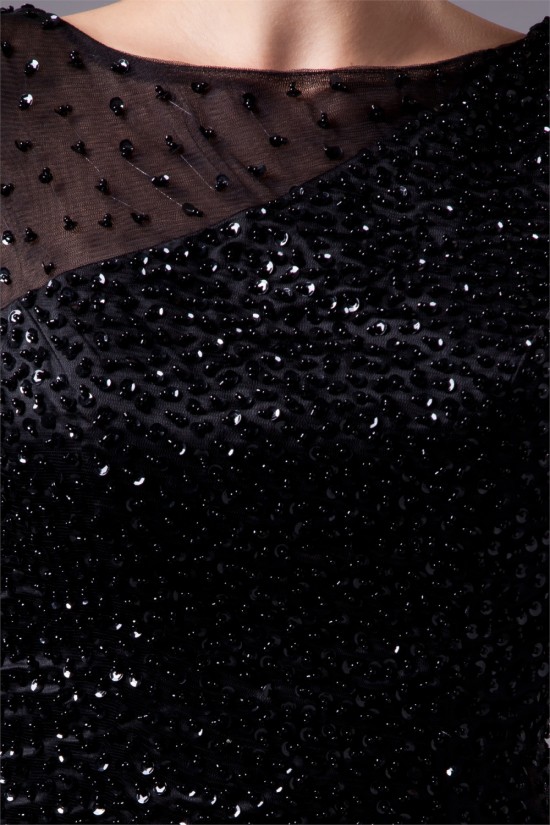 Amazing Long Sleeves Fine Netting Beading Bateau Little Black Dresses 02021283