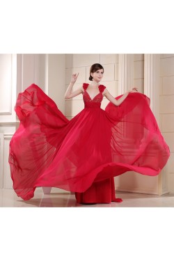 Beading V-Neck Brush Sweep Train Long Red Prom/Formal Evening Dresses 02020130