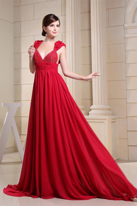 Beading V-Neck Brush Sweep Train Long Red Prom/Formal Evening Dresses 02020130 Beading V-Neck Brush Sweep Train Long Red Prom/Formal Evening Dresses 02020130