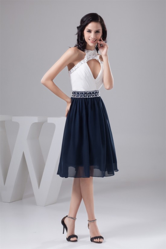 A-Line Halter Beading Sleeveless Knee-Length White Blue Prom/Formal Evening Dresses 02021302