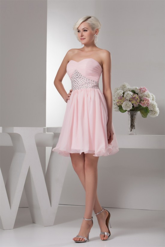 A-Line Sweetheart Beaded Pink Chiffon Short/Mini Sleeveless Prom/Formal Evening Dresses 02021313