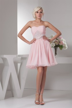 A-Line Sweetheart Beaded Pink Chiffon Short/Mini Sleeveless Prom/Formal Evening Dresses 02021313