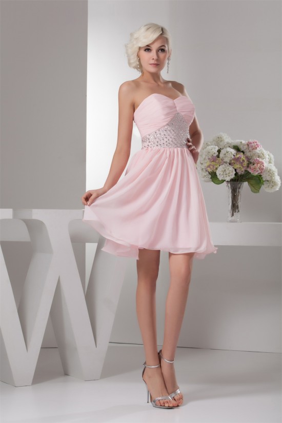 A-Line Sweetheart Beaded Pink Chiffon Short/Mini Sleeveless Prom/Formal Evening Dresses 02021313