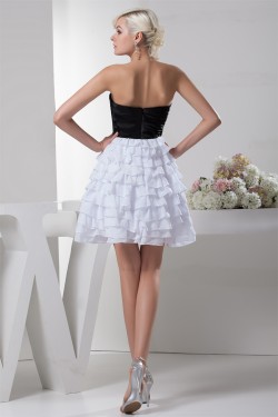 A-Line Ruched Strapless Short/Mini Satin Chiffon Black White Prom/Formal Evening Dresses 02021340
