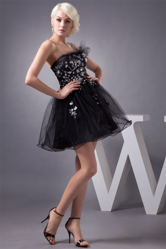 Sequins Satin Fine Netting A-Line Sleeveless Little Black Dresses 02021352