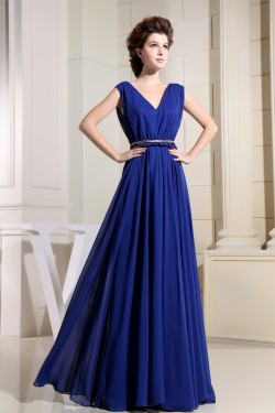 A-Line V-Neck Floor-Length Blue Chiffon Sleeveless Prom/Formal Evening Bridesmaid Dresses 02020136