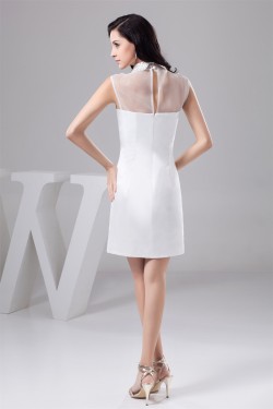 Short/Mini High-Neck Sheath/Column Organza Silk like Satin Little White Dresses 02021381