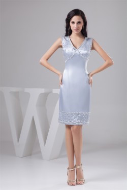 Silk like Satin Diamonds V-Neck Knee-Length Bridesmaid Dresses 02021399