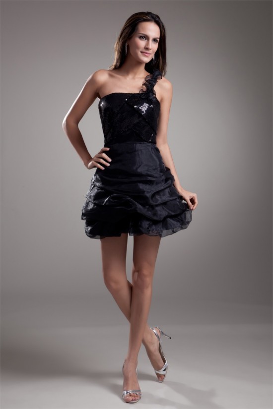 A-Line Ruffles Organza Silk like Satin One-Shoulder Little Black Dresses 02021441 A-Line Ruffles Organza Silk like Satin One-Shoulder Little Black Dresses 02021441