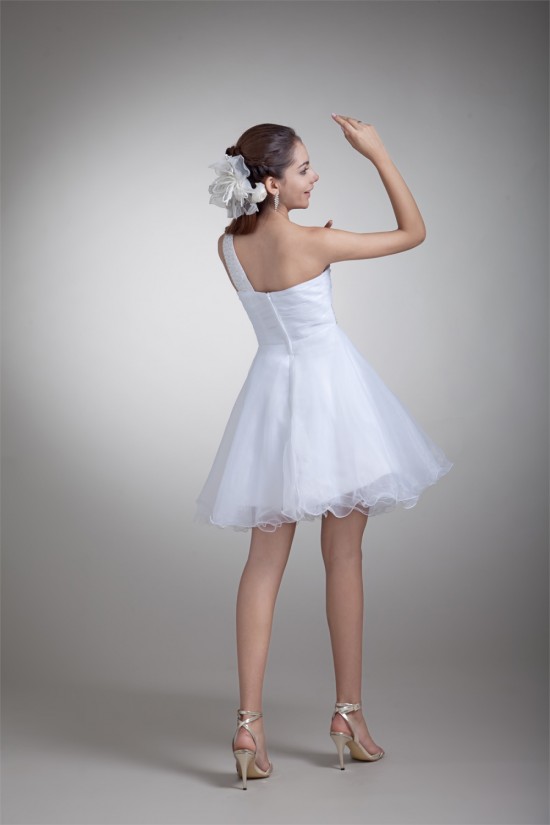 Princess Satin Organza Sleeveless One-Shoulder Little White Dresses 02021489