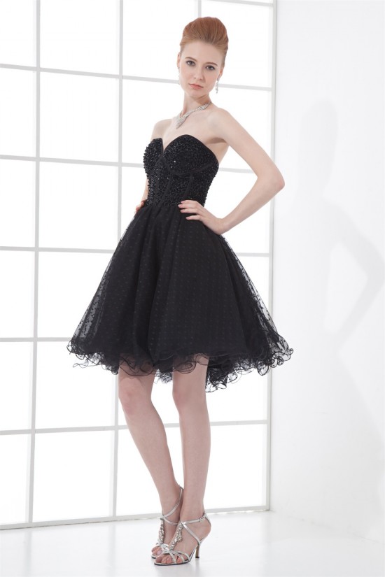 Sleeveless Satin Fine Netting Beading Short/Mini Little Black Dresses 02021530