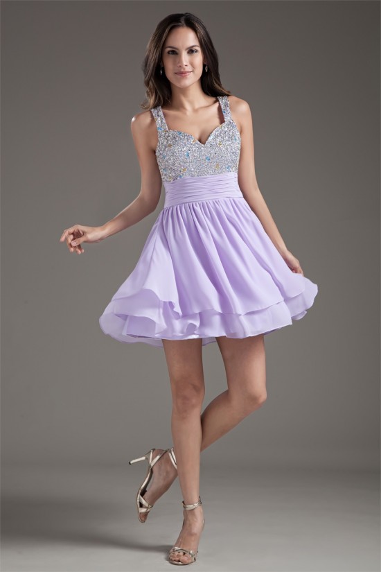 Sleeveless Short/Mini Straps Ruched Chiffon Silk like Satin Prom/Formal Evening Dresses 02021533