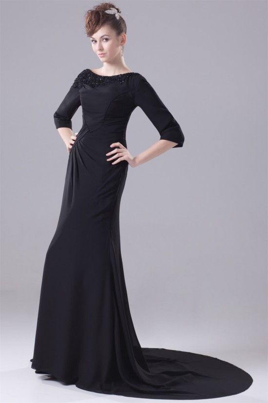 Court Train Sheath/Column Chiffon Long Black Prom/Formal Evening Dresses 02020163