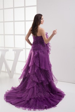 Court Train Strapless Satin Organza Handmade Flowers Prom/Formal Evening Dresses 02020165