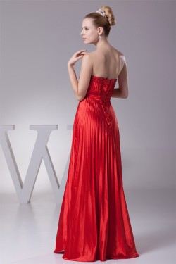 A-Line Floor-Length Beading Pleated Silk like Satin Long Red Prom/Formal Evening Dresses 02020182