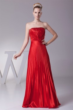 A-Line Floor-Length Beading Pleated Silk like Satin Long Red Prom/Formal Evening Dresses 02020182