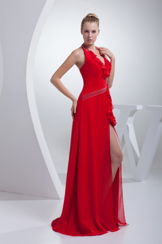 Floor-Length Beading Sleeveless Halter A-Line Long Red Prom/Formal Evening Dresses 02020185